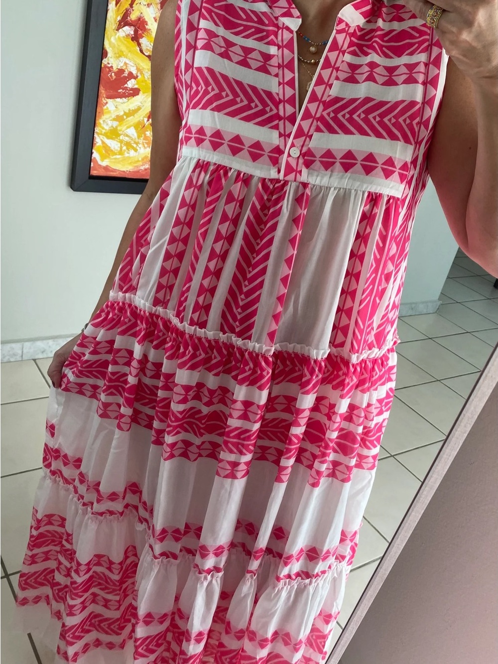 Zele White Maxi Dress with Hot Pink Embroidered Stripes - Picture 4 of 9